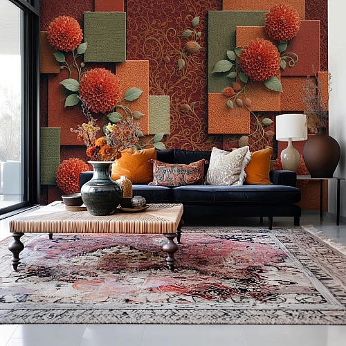 Rustic Terracotta Floral Panel Wall Mural – Textured Geometric Botanical Wallpaper for Warm Interiors