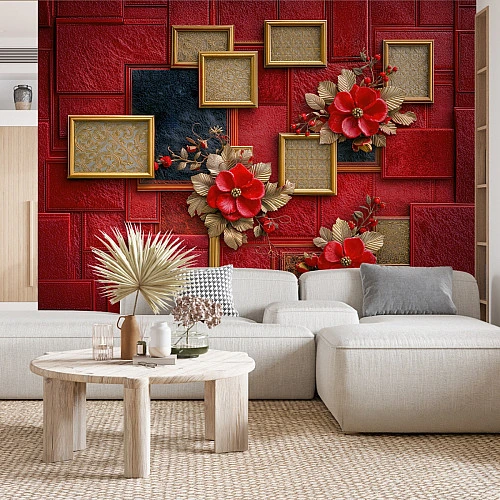 Luxury Red Floral Frame Wall Mural – Gold Accent 3D Design