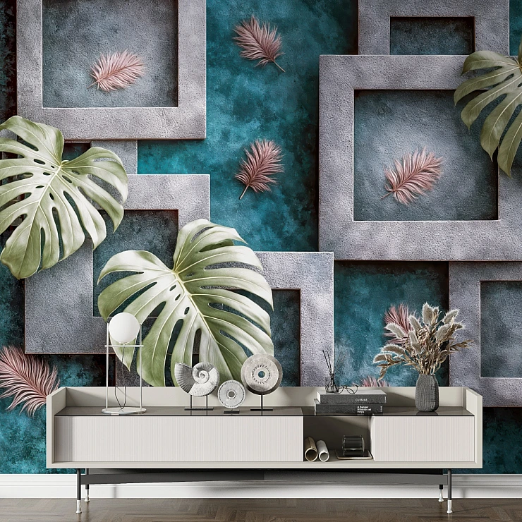 3D Geometric Tropical Wall Mural – Modern Leaf Frame Design