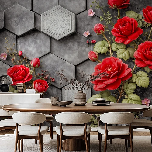 Luxury Red Rose Wall Mural – Modern Floral Design with Geometric Stone Texture