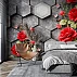 Luxury Red Rose Wall Mural – Modern Floral Design with Geometric Stone Texture Luxury Red Rose Wall Mural – Modern Floral Design with Geometric Stone Texture