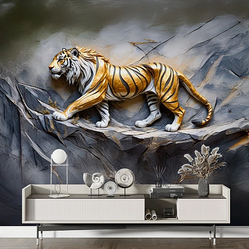 3D Tiger Wall Mural – Majestic Rock Texture Wildlife Design