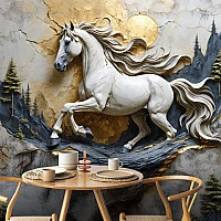 Majestic White Horse Wall Mural – Luxury Marble & Gold Art Design