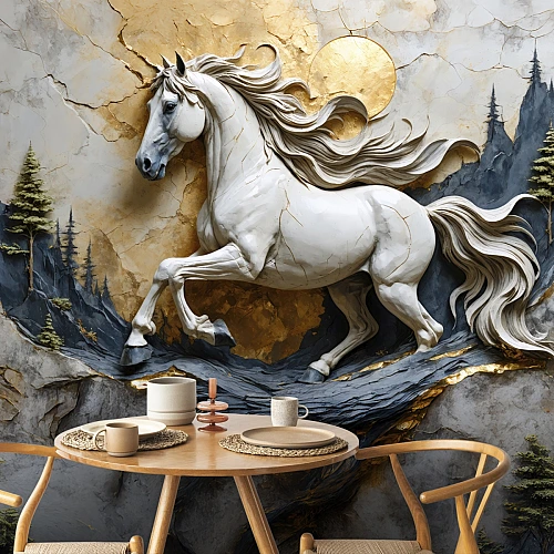 Majestic White Horse Wall Mural – Luxury Marble & Gold Art Design