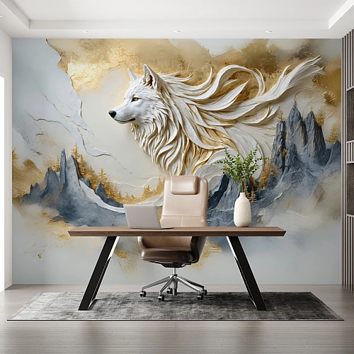 Majestic White Wolf Wall Mural – Golden Mountain Artistic Design