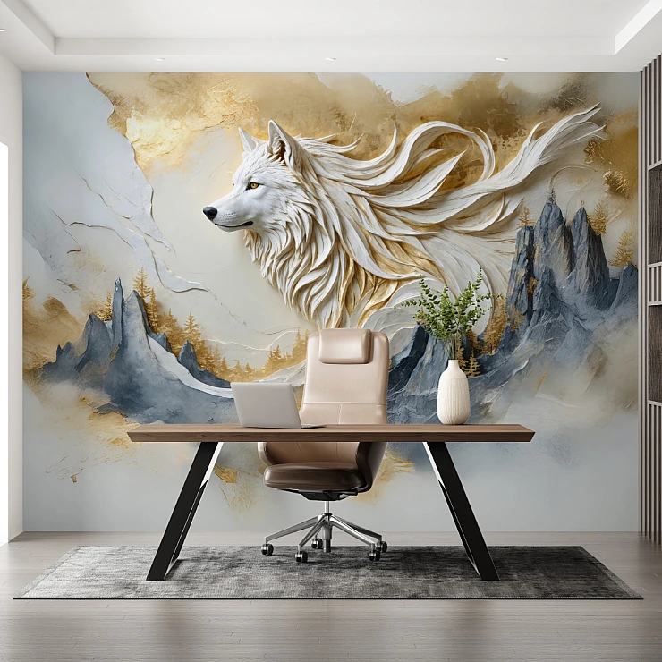 Majestic White Wolf Wall Mural – Golden Mountain Artistic Design