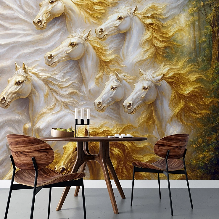 White Horse Wall Mural – Luxury Golden Stallion Wallpaper for Statement Interiors