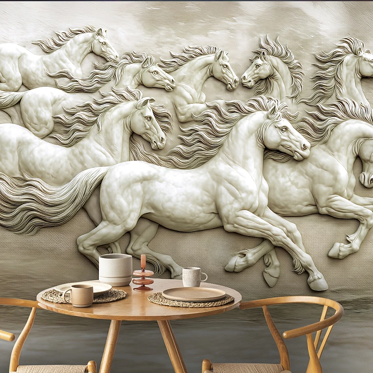 White 3D Horse Wall Mural – Classic Relief Sculpture Art Design