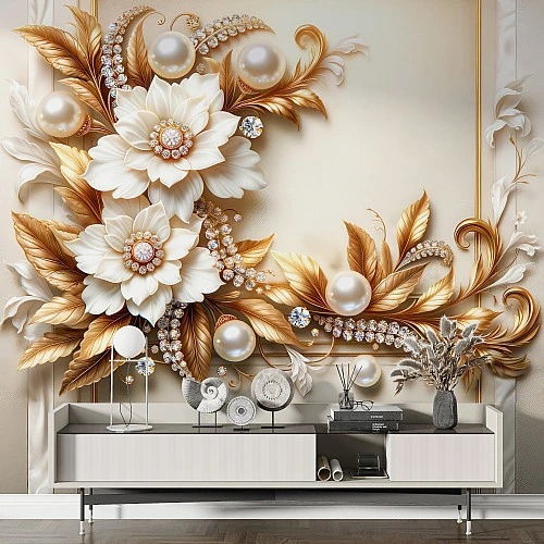 Luxury Pearl Floral Wall Mural – Elegant Gold 3D Flower Design