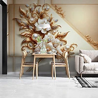 Luxury Gold Floral Wall Mural – Elegant 3D Pearl Flower Design