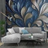 Abstract Blue Gold Leaf Wall Mural – Modern 3D Floral Design