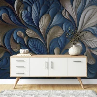 Abstract Blue Gold Leaf Wall Mural – Modern 3D Floral Design