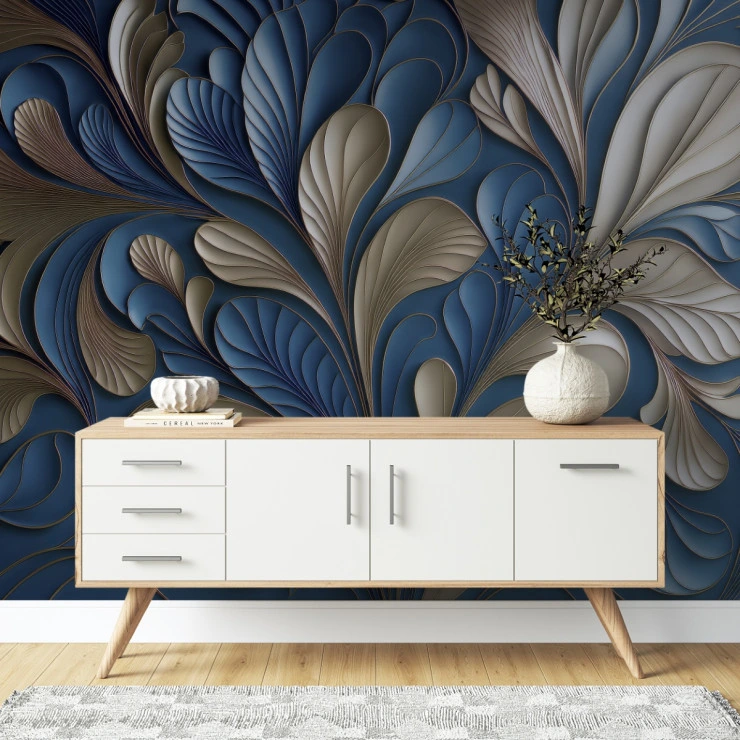 Abstract Blue Gold Leaf Wall Mural – Modern 3D Floral Design