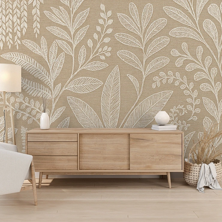 Neutral Botanical Wall Mural – Beige Linen Leaf Pattern Design