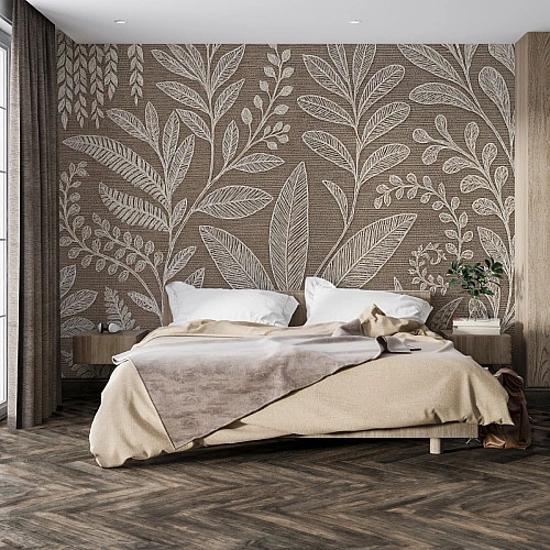 Neutral Botanical Linen Wall Mural – Elegant Leaf Pattern Design