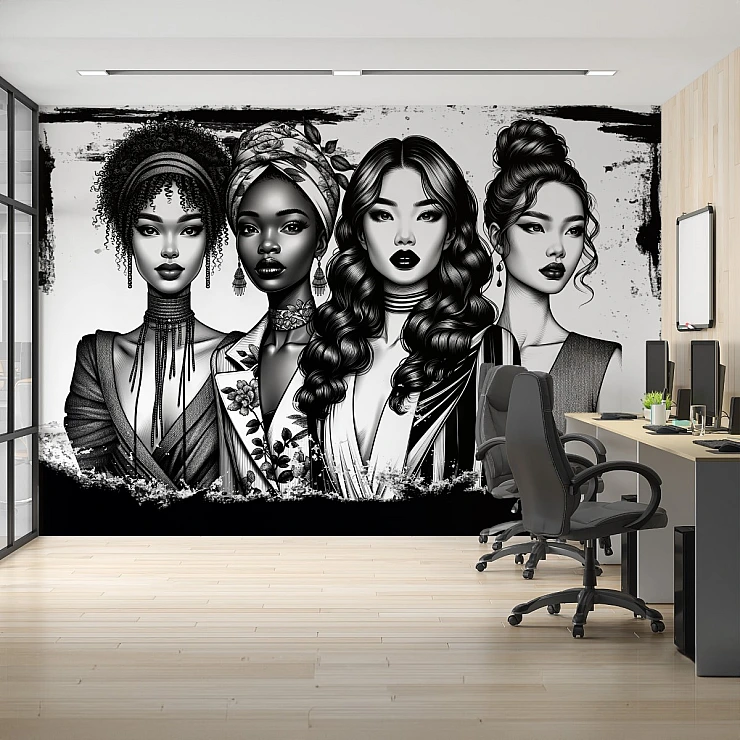 Modern Women Portrait Wall Mural – Black and White Fashion Art Design Modern Women Portrait Wall Mural – Black and White Fashion Art Design
