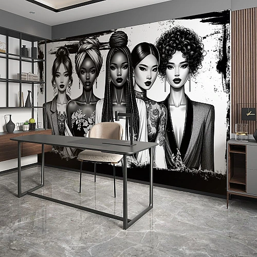Stylish Women Portrait Wall Mural – Black and White Fashion Illustration Design