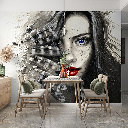 Abstract Woman Portrait Wall Mural – Artistic Face with Feather Design