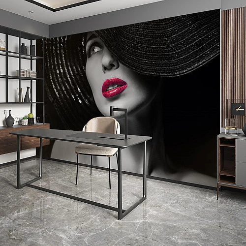 Black White Glam Woman Wall Mural – Red Lips Fashion Portrait Design