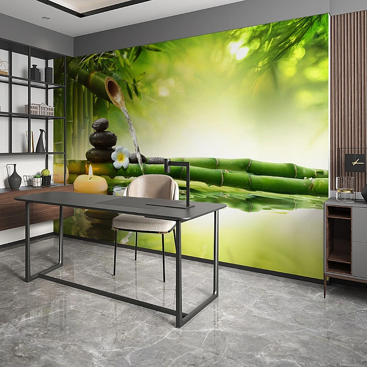 Zen Bamboo Water Wall Mural – Relaxing Spa Nature Wallpaper for Office
