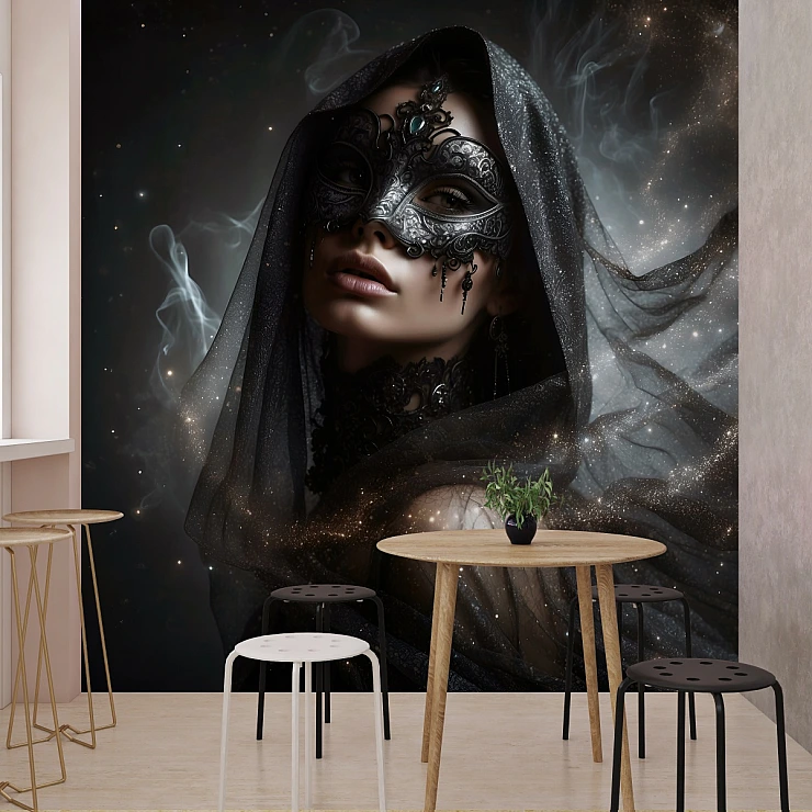 Mystic Mask Woman Wall Mural – Dark Elegant Portrait Design