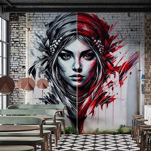 Split Face Graffiti Wall Mural – Black Red Urban Portrait Design