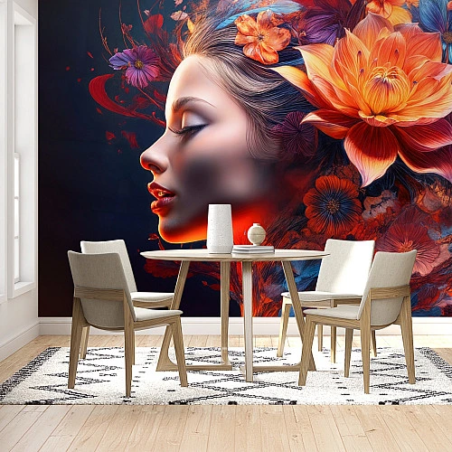 Vibrant Floral Woman Wall Mural – Bold Artistic Portrait Design