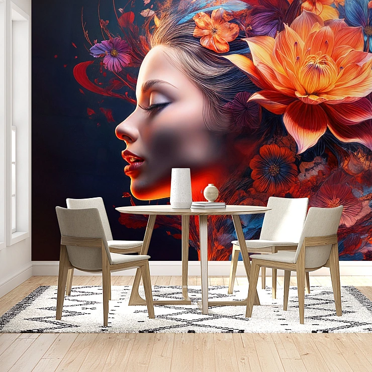 Vibrant Floral Woman Wall Mural – Bold Artistic Portrait Design Vibrant Floral Woman Wall Mural – Bold Artistic Portrait Design