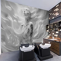 Abstract Female Portrait Wall Mural – Monochrome Artistic Flow Wallpaper for Modern Interiors