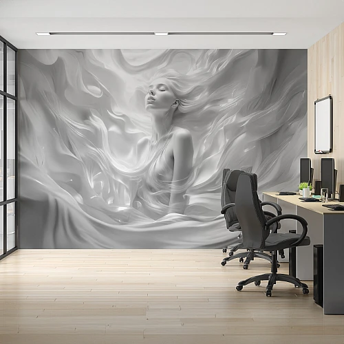 Ethereal Woman Abstract Wall Mural – Monochrome Fluid Art Design
