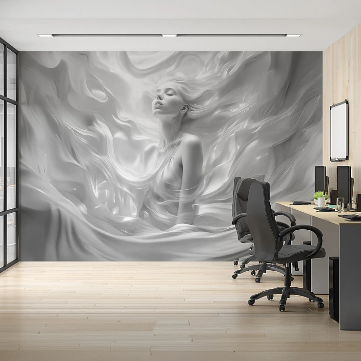 Ethereal Woman Abstract Wall Mural – Monochrome Fluid Art Design