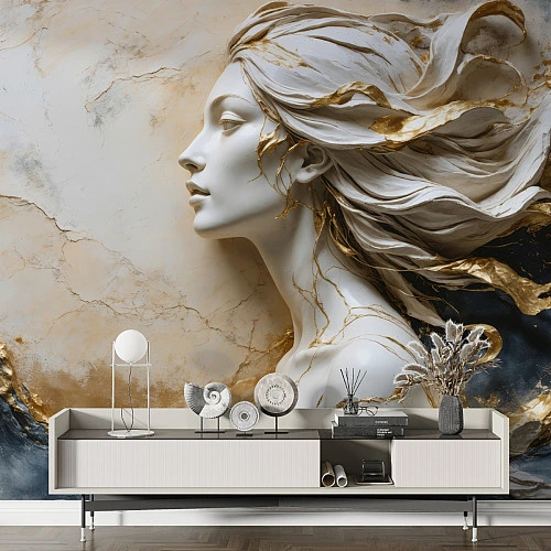 Elegant Marble Woman Wall Mural – Luxury Gold Portrait Art Design