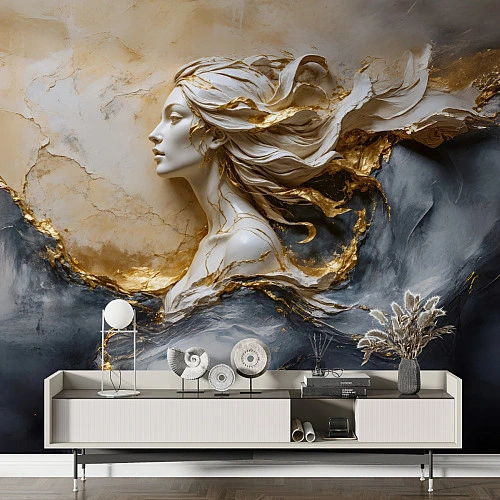 Golden Abstract Lady Wall Mural – Luxury Marble Art Design