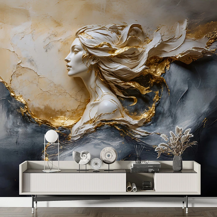Golden Abstract Lady Wall Mural – Luxury Marble Art Design