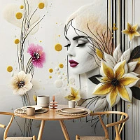 Abstract Woman Face & Floral Wall Mural – Elegant Artistic Portrait Wallpaper for Modern Interiors
