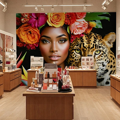Woman & Leopard Portrait Wall Mural – Bold Floral Fashion Wallpaper for Beauty & Retail Spaces