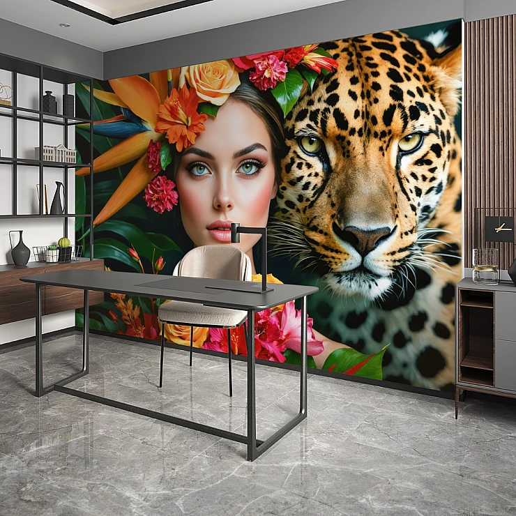 Woman & Leopard Wall Mural – Tropical Portrait Jungle Art Design Woman & Leopard Wall Mural – Tropical Portrait Jungle Art Design