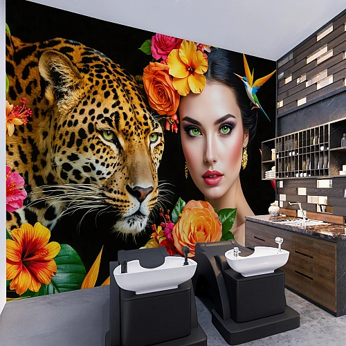 Leopard and Woman Portrait Wall Mural – Exotic Floral Luxury Wallpaper for Salon