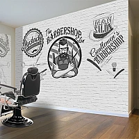 Vintage Barbershop Wall Mural – White Brick Salon Wallpaper for Modern Barber Shops