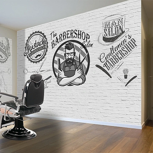 Vintage Barbershop Wall Mural – White Brick Salon Wallpaper for Modern Barber Shops