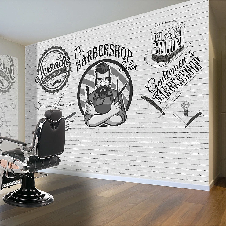 Vintage Barbershop Wall Mural – White Brick Salon Wallpaper for Modern Barber Shops