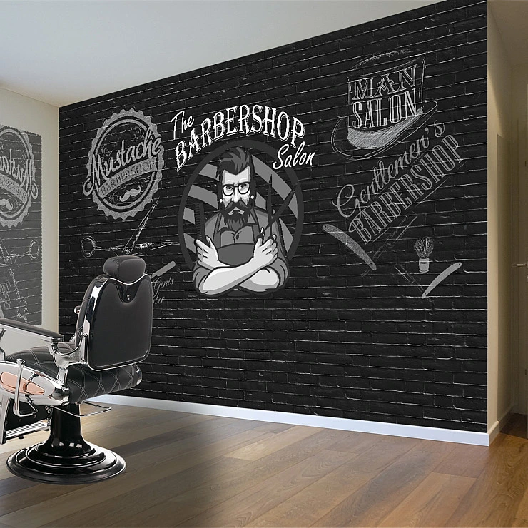 Vintage Barbershop Wall Mural – Black Brick Salon Wallpaper for Modern Barber Shops