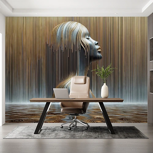 Gold Line Woman Portrait Wall Mural – Modern Abstract Face Design