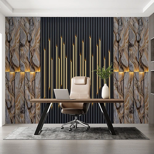 Luxury Marble Slat Wall Mural – Modern Black Gold Panel Design