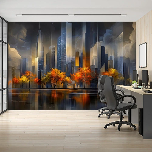 Modern City Skyline Wall Mural – Autumn Reflection Urban Design