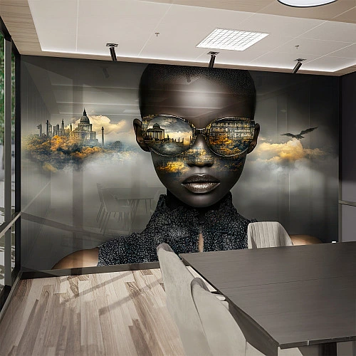 Luxury Woman City Reflection Wall Mural – Modern Gold Portrait Design