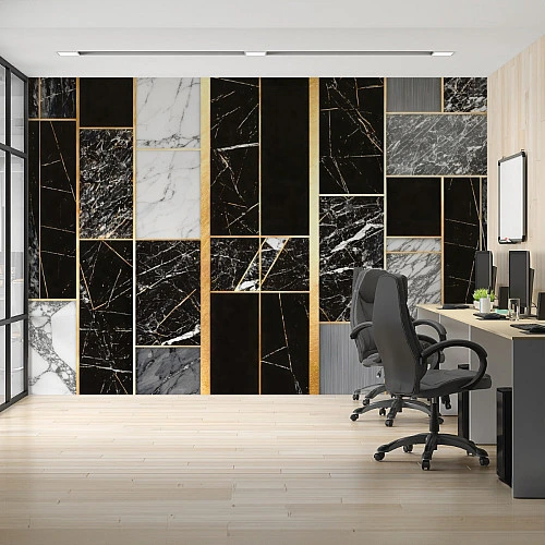 Black Marble Gold Panel Wall Mural – Modern Luxury Stone Design