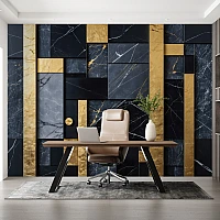 Black Marble Geometric Wall Mural – Modern Luxury Gold Panel Design
