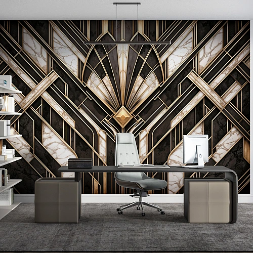 Luxury Art Deco Marble Wall Mural – Black Gold Geometric Panel Design