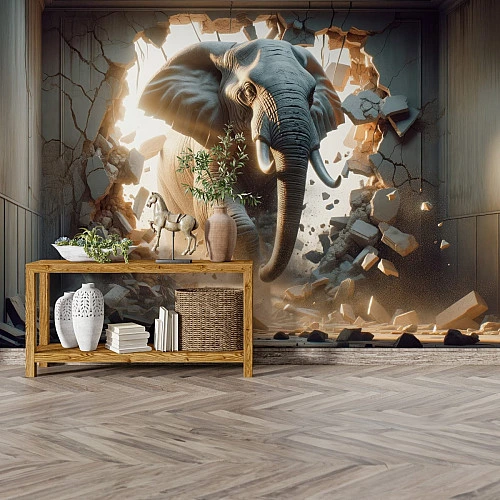 Elephant Breakthrough Wall Mural – 3D Cracked Wall Wildlife Design